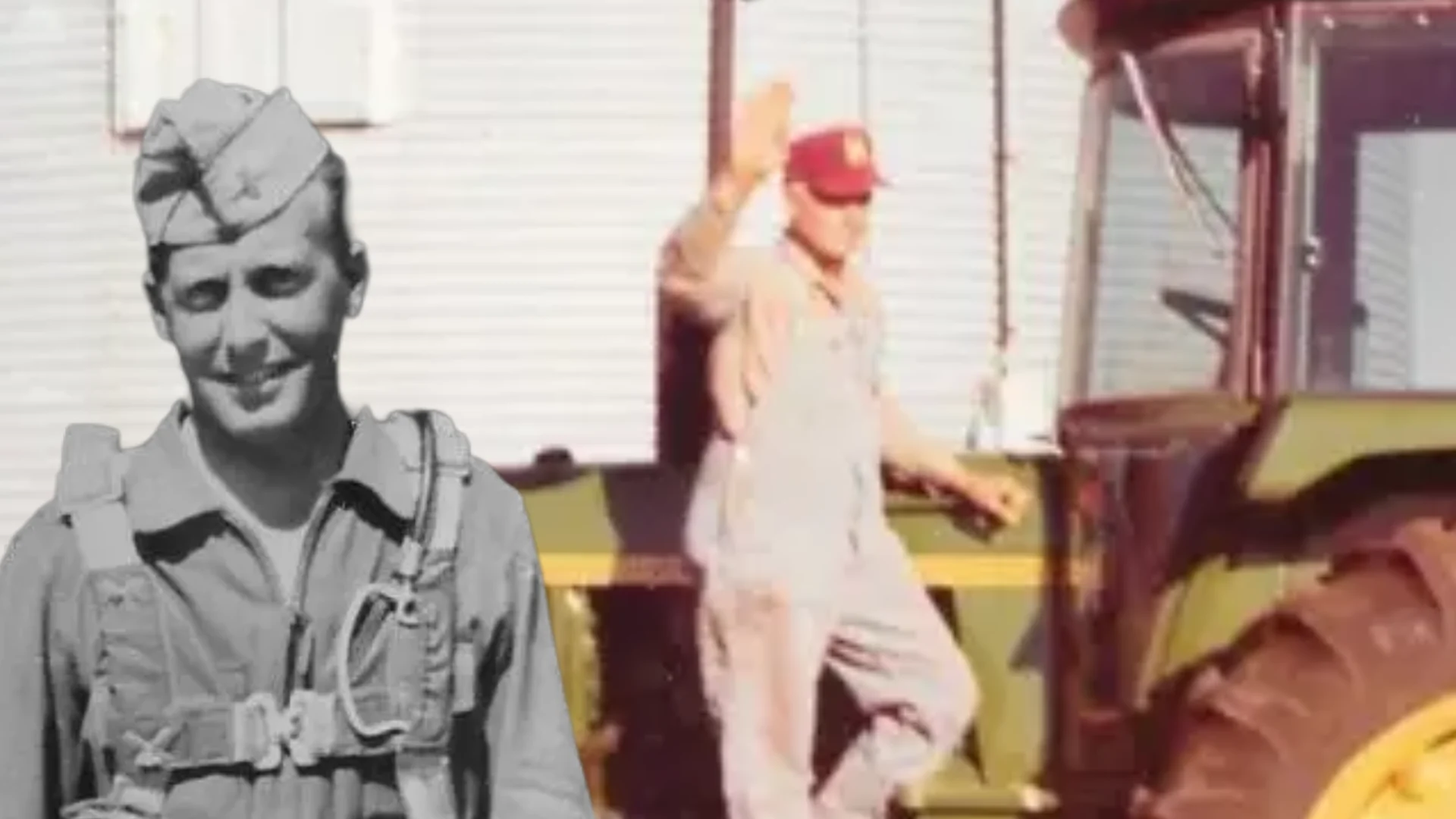 Collage showing a smiling man in a military uniform on the left and a worker in overalls waving beside a yellow tractor.