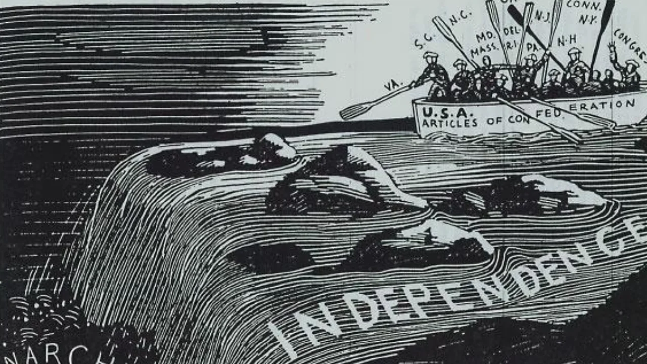 Editorial cartoon showing an iceberg labeled INDEPENDENCE looming beneath the surface, with a boat labeled ARTICLES OF CONFEDERATION paddling toward it and a crowd on board.