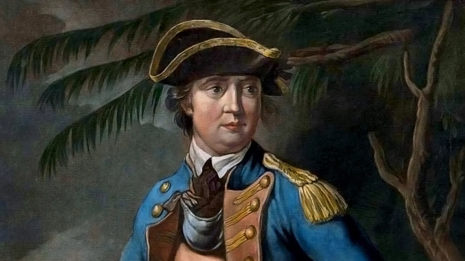Portrait of a man in a blue military coat with gold epaulettes and a tricorne hat, standing before palm fronds in a tropical background.