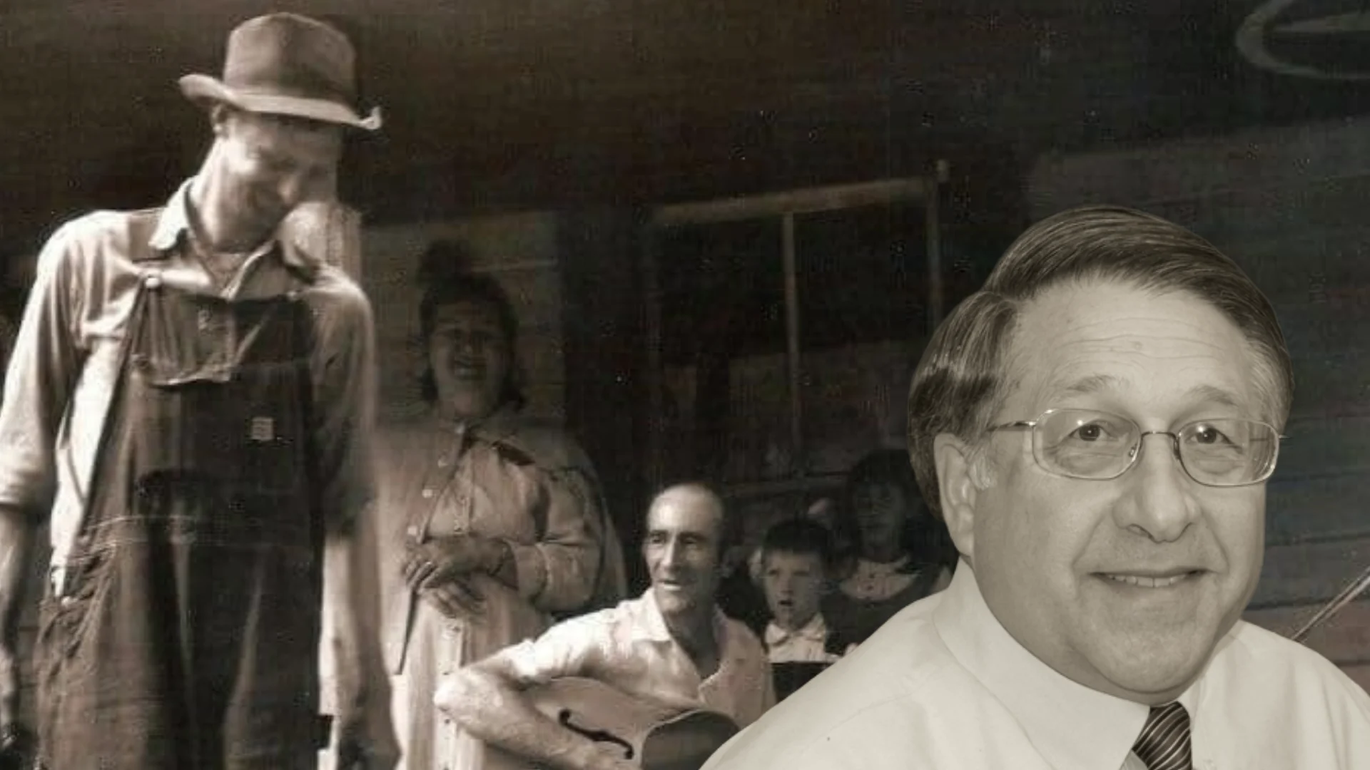 Portrait of a smiling man in a white shirt and tie, overlaid on a vintage black-and-white photo of workers in the background
