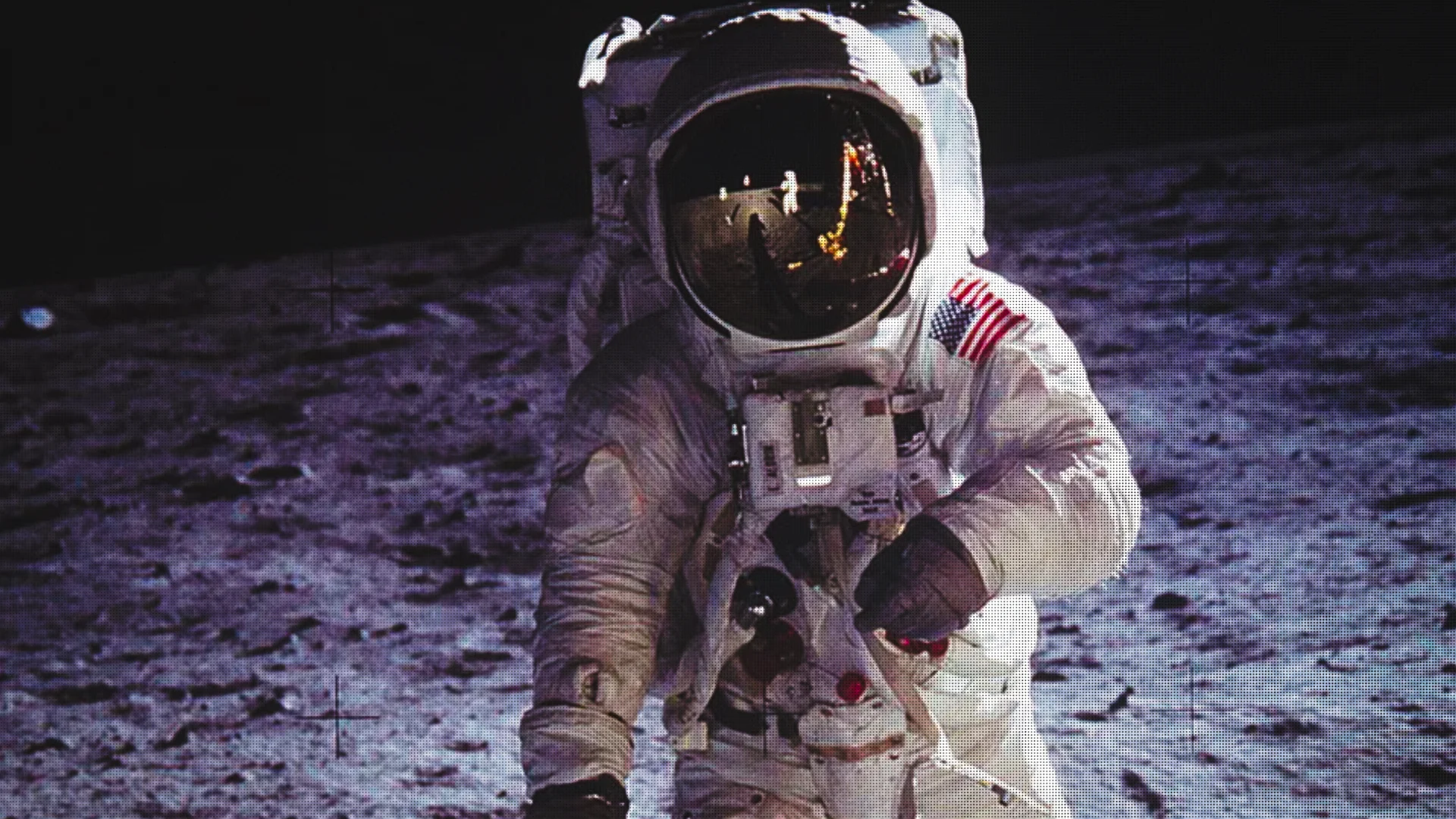 Astronaut in a white spacesuit on the Moon, kneeling on a rocky lunar surface with a flag patch on the shoulder