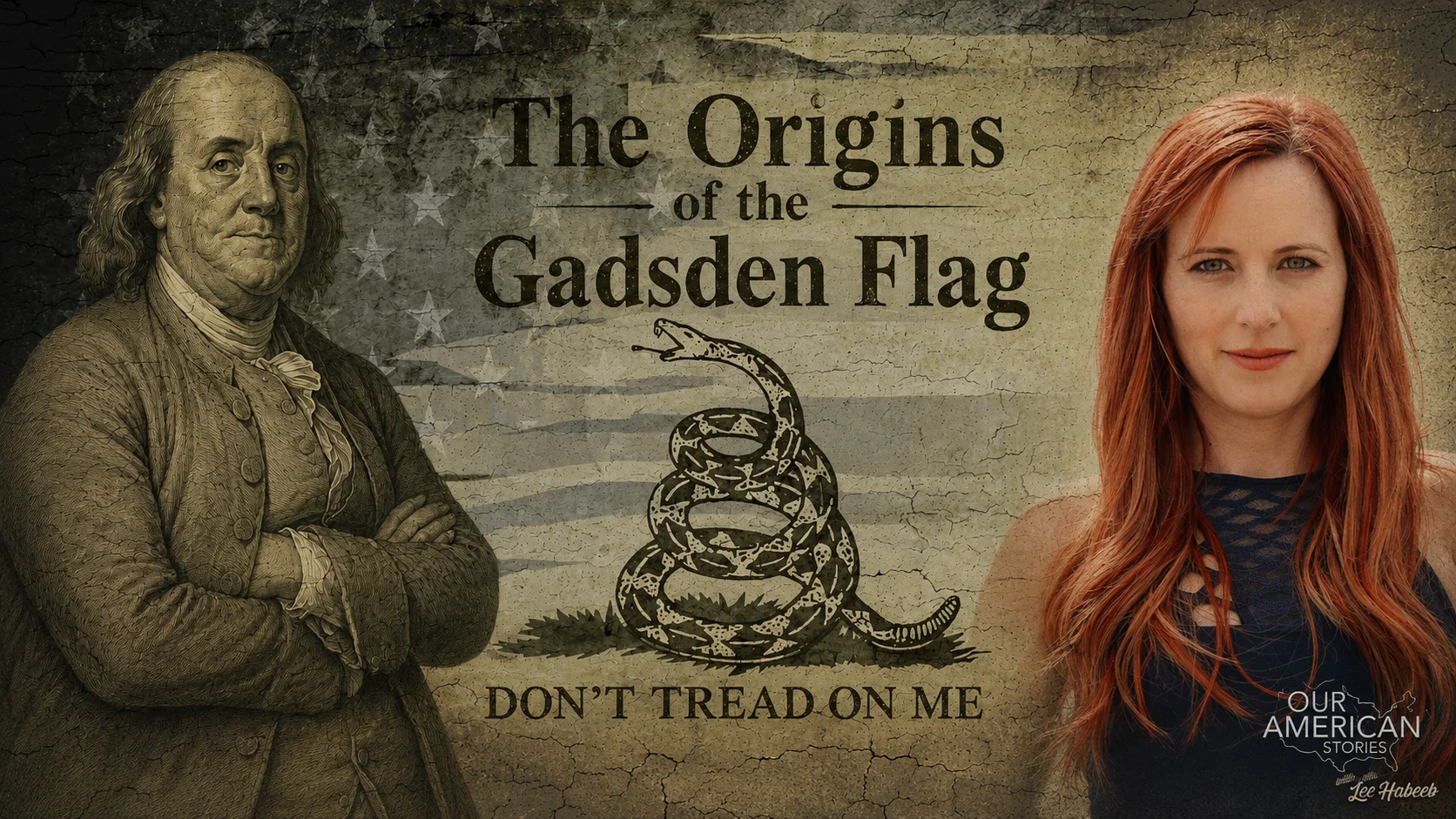 Montage about the origins of the Gadsden flag, showing Thomas Jefferson on the left and a modern red-haired woman on the right, with the slogan 'Don't Tread on Me' in the background.