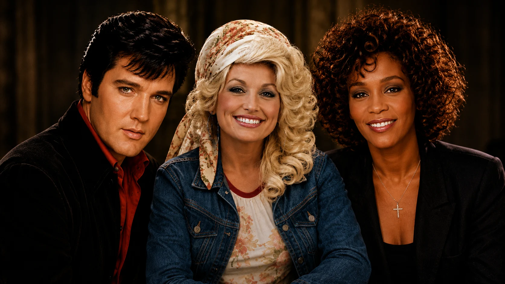 Three adults pose for a portrait: man on the left, blonde woman center with a scarf, and a curly-haired woman on the right, all smiling.