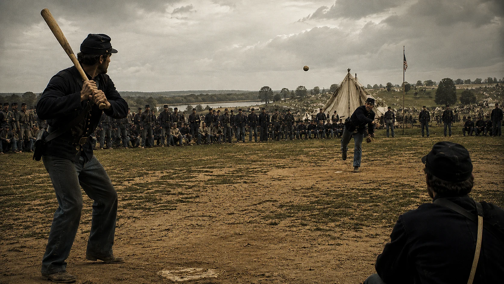 Union soldiers in uniform playing baseball in a Civil War camp, with tents and spectators in background.