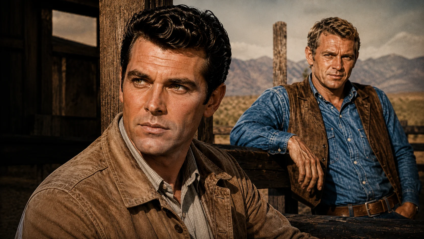 Two rugged cowboys lean on a wooden fence in a desert landscape with distant mountains behind them.