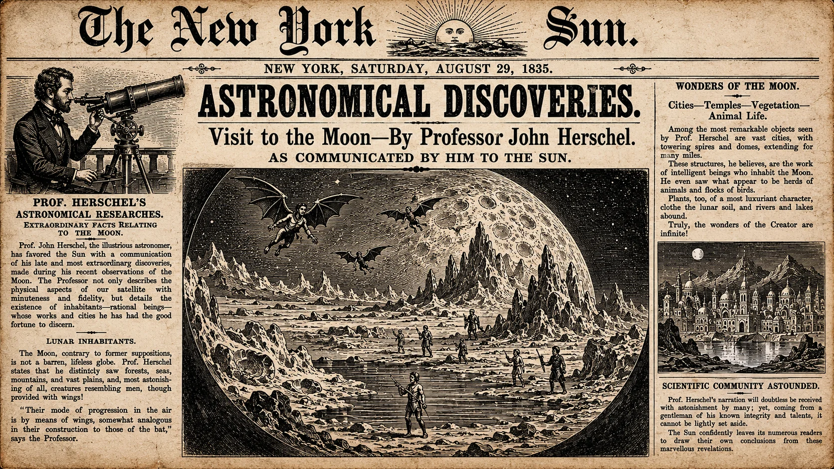 Front page of an 1835 New York Sun newspaper announcing 'Astronomical Discoveries' and a moon visit by Prof. Herschel, with a telescope scene on the left and a central lunar landscape.