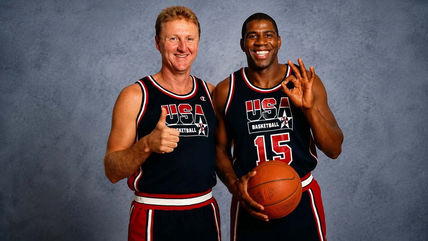 Two smiling basketball players in USA uniforms stand side by side; one gives a thumbs-up, the other holds a basketball and makes an OK gesture.