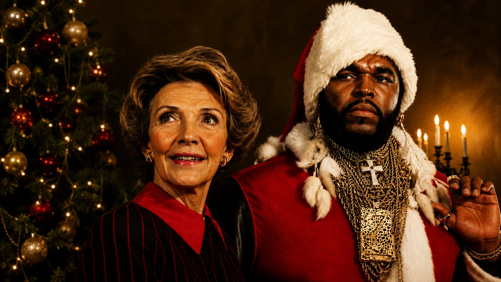 Smiling elderly woman posing with a man dressed as a bejeweled Santa in front of a Christmas tree.