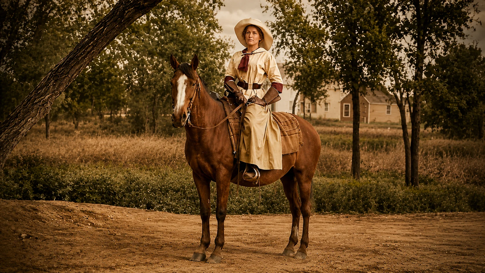 Woman in pioneer/Western dress rides a brown horse in a rural field under trees.