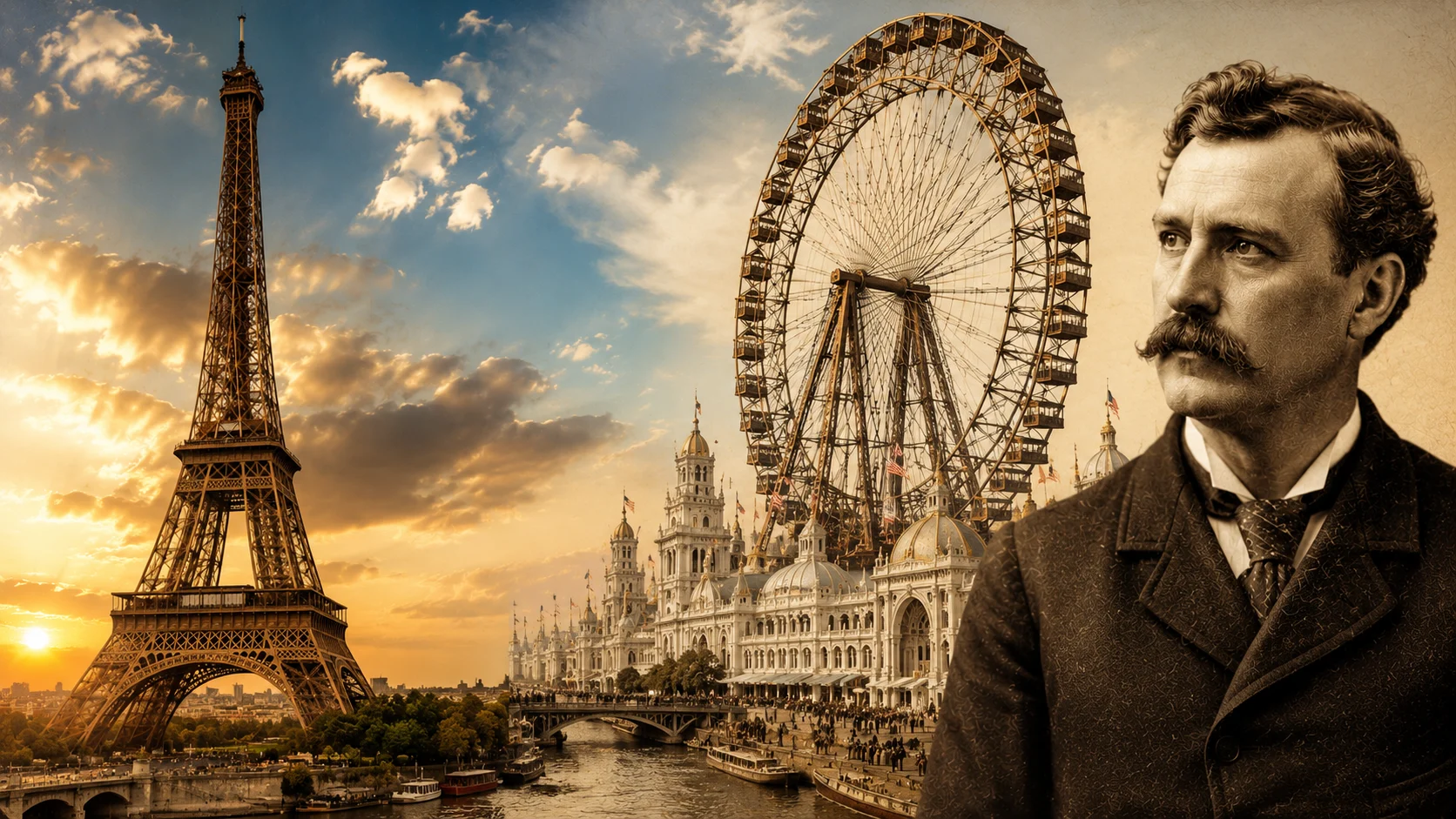 Historic Paris scene with the Eiffel Tower, a large Ferris wheel, and a man in period dress on the right.