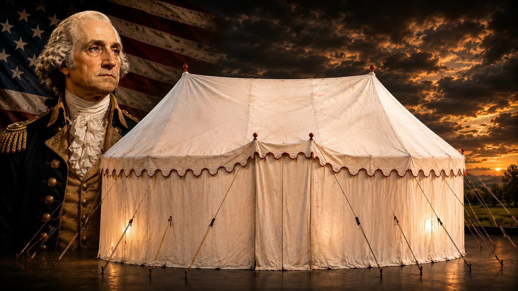 Large portrait of George Washington beside a white tent on a stage, with an American flag and sunset sky in the background.
