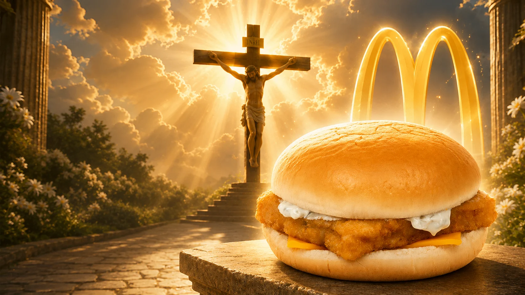 Surreal scene: fried chicken sandwich in the foreground with a crucifix on steps and glowing McDonald's arches in a golden sunset sky.