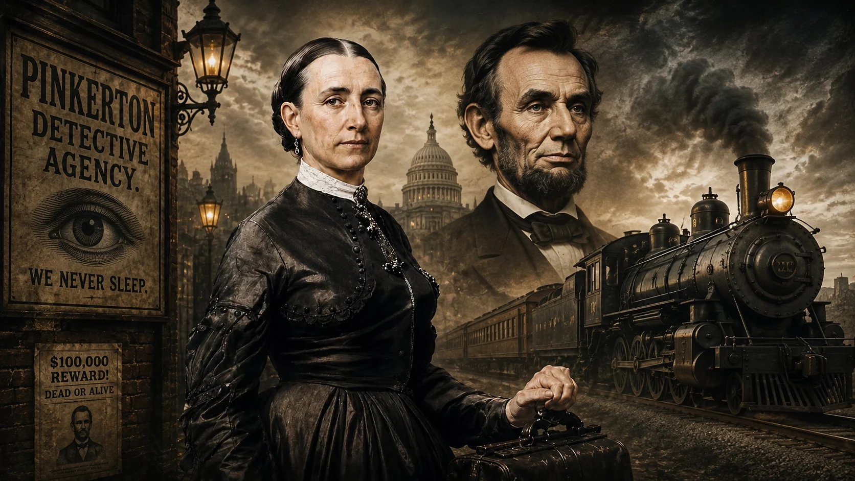 A woman in a black Victorian dress stands with a suitcase beside a steam locomotive, with a large faded portrait of a man looming in the cloudy sky behind her.