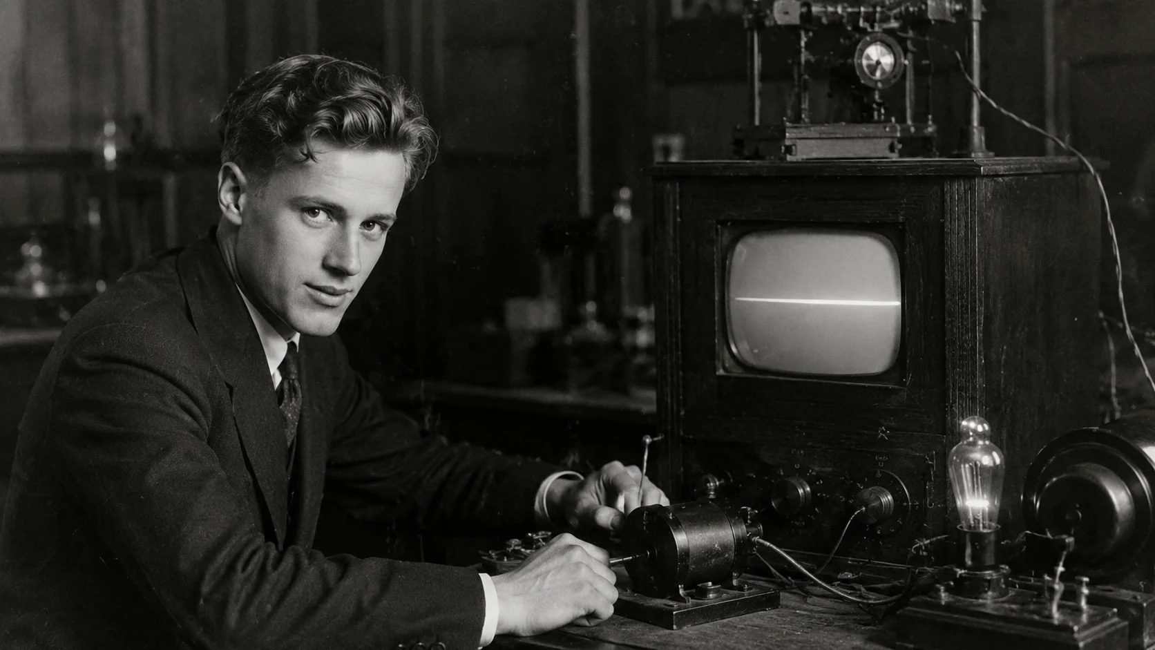 Man in a suit adjusting vintage lab equipment with a CRT-style monitor and wires in a black-and-white lab image, mid-20th century setting