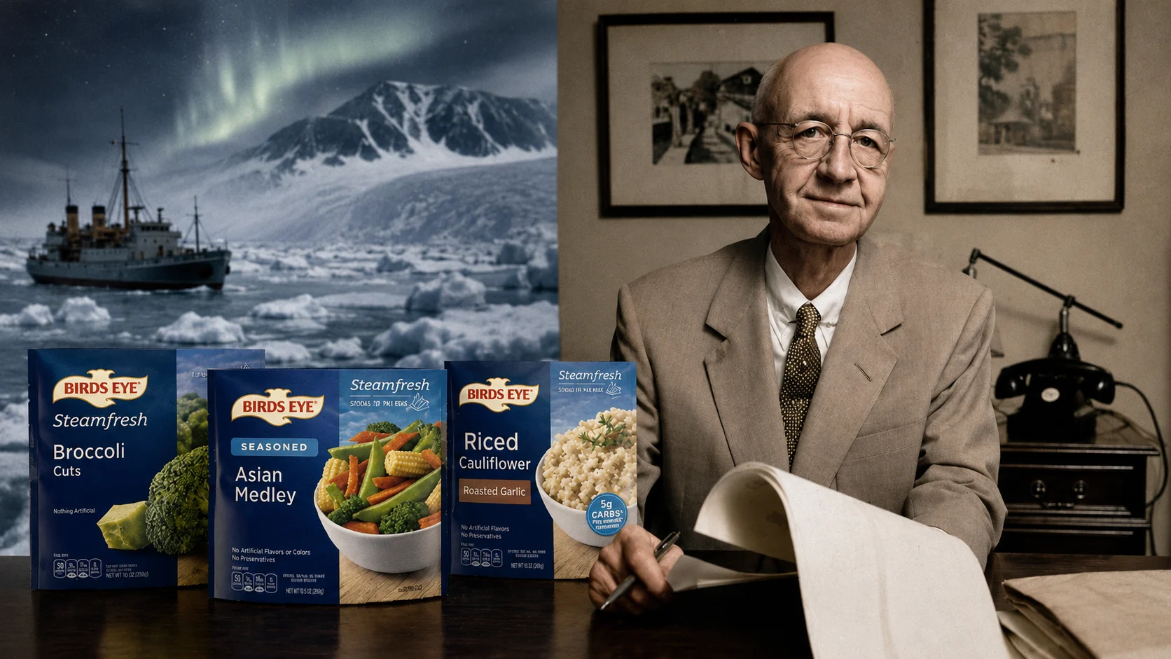 Old man in a suit sits at a desk signing papers; four Birds Eye Steamfresh boxes line the foreground, with an icy Arctic scene behind him.