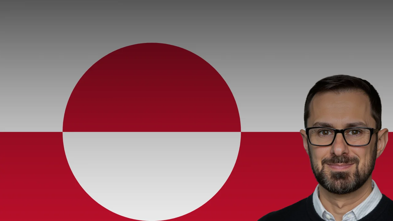 Portrait of a man with short dark hair and glasses on the right, set against a gradient red-to-gray background with a large red-and-white circle bisected by a horizontal line.