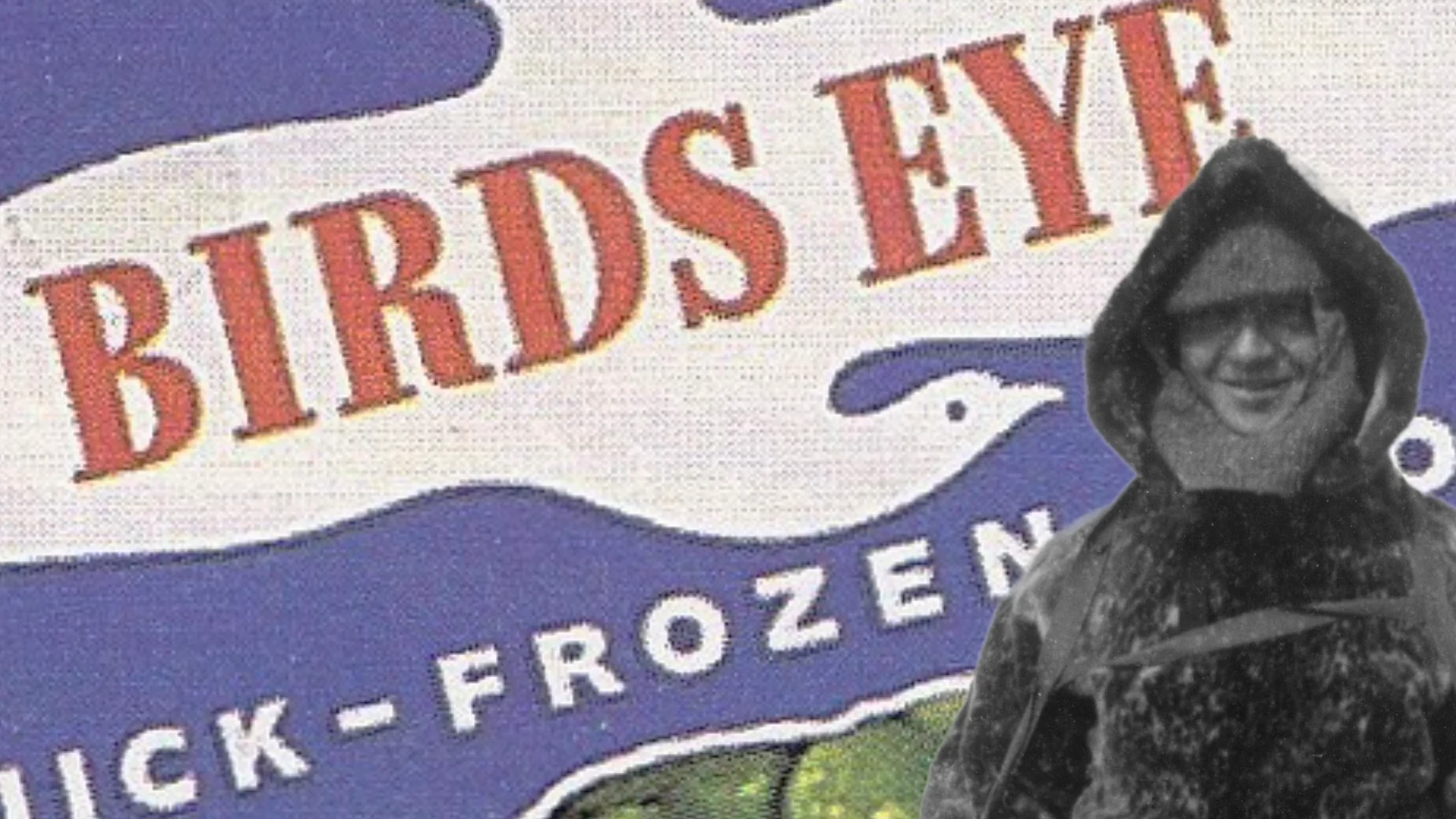 Close-up of the Bird's Eye logo with a dark hooded figure overlapping the foreground.