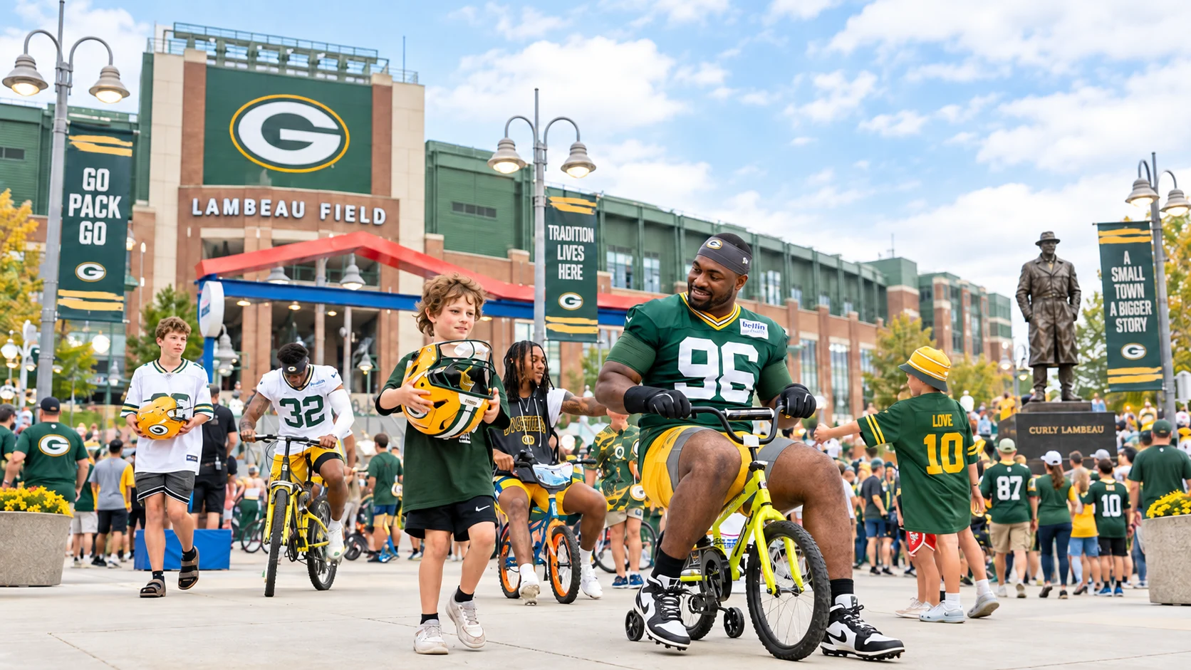 Fans and children in Green Bay Packers gear ride bikes and walk outside Lambeau Field on game day. Go Pack Go banners hang near the arena entrance.